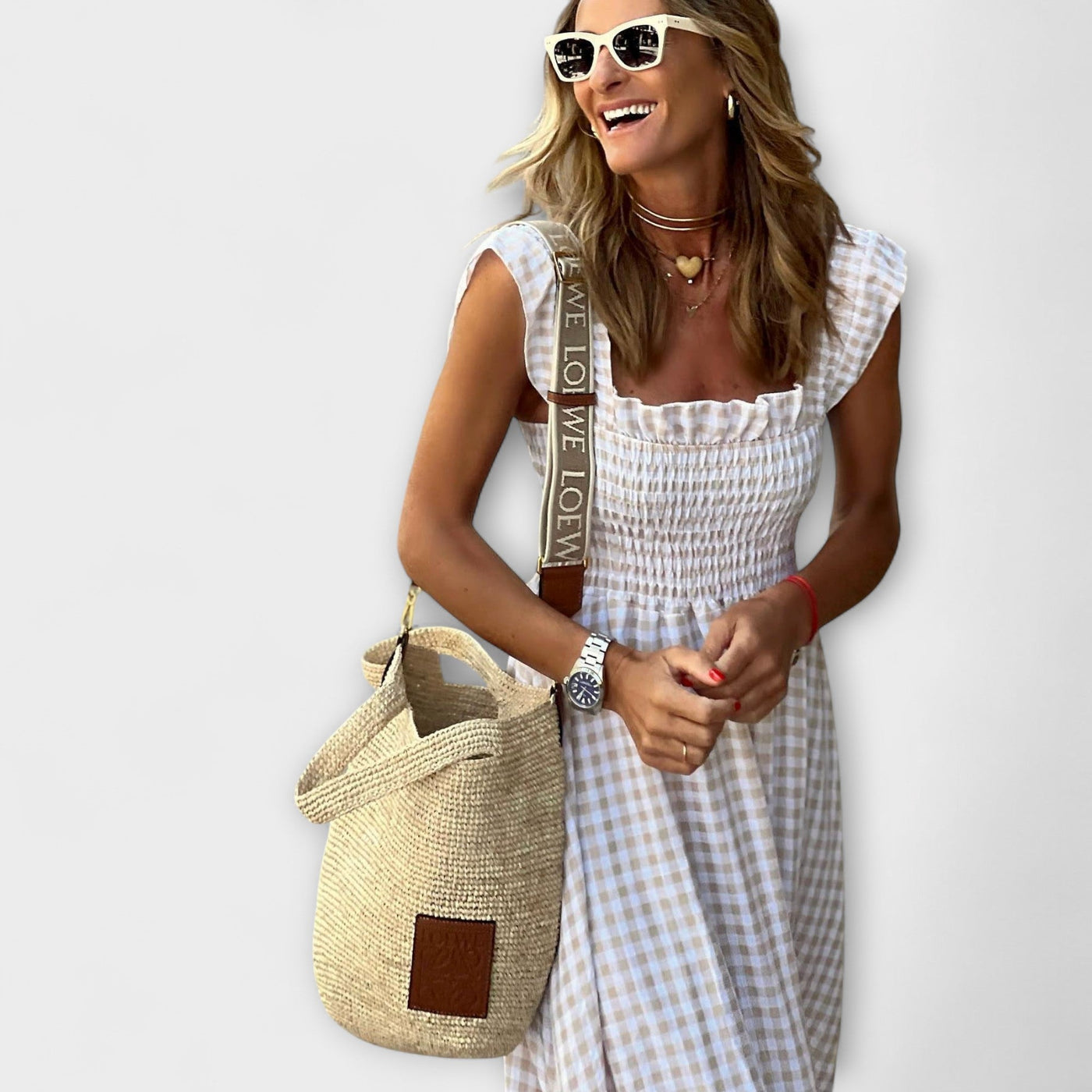 Vestido Maxi a Cuadros con Mangas Voladas