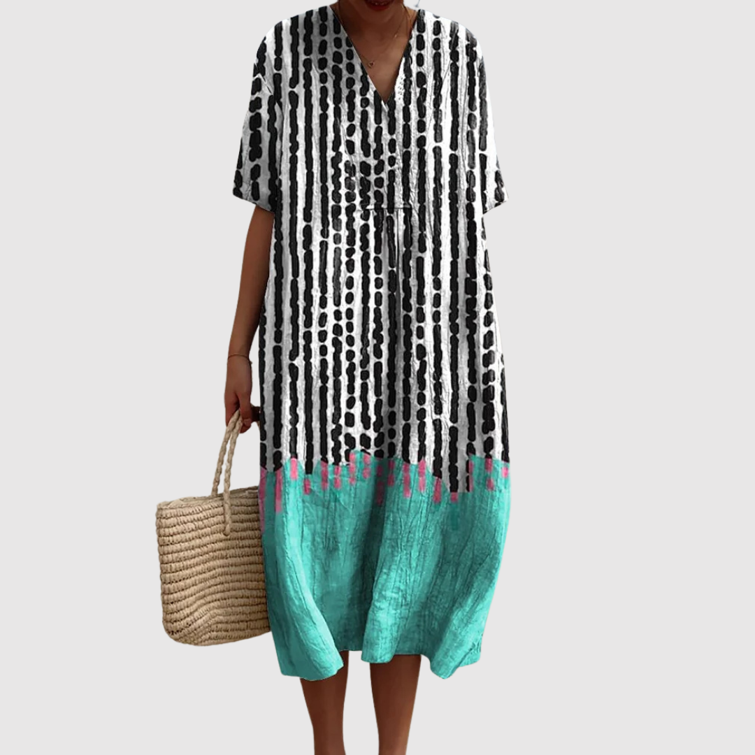 Leonie | Vestido Colorblock con Rayas de Puntos Artísticos