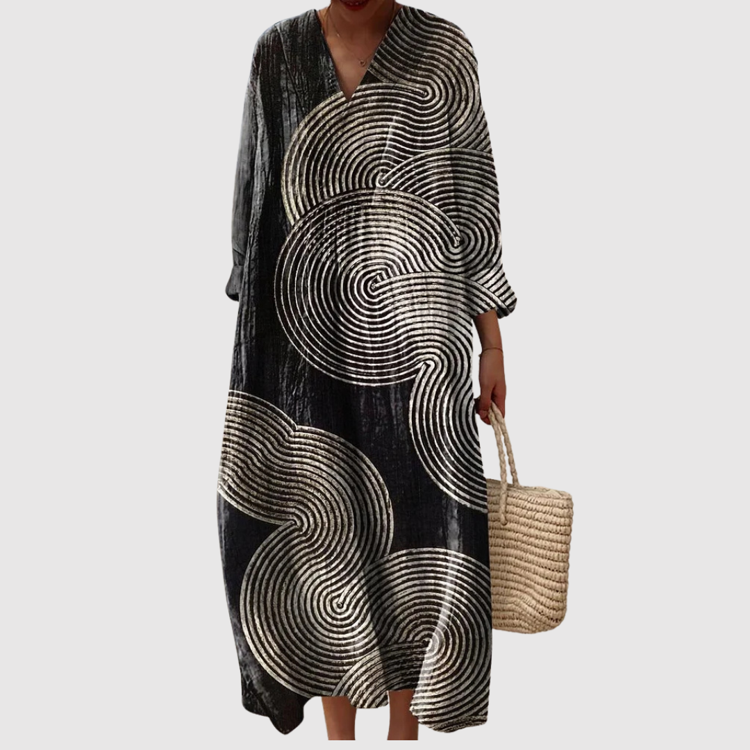 Anya | Vestido Maxi de Arte Espiral de Medianoche