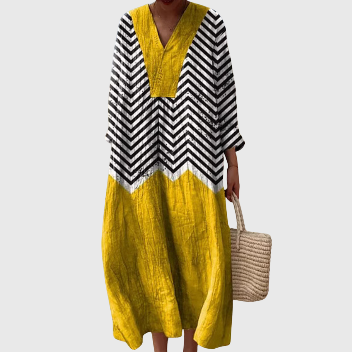 Nola | Vestido Midi Relajado con Contraste de Chevron