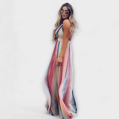 Vestido de Mujer a Rayas Multicolores con Escote en V