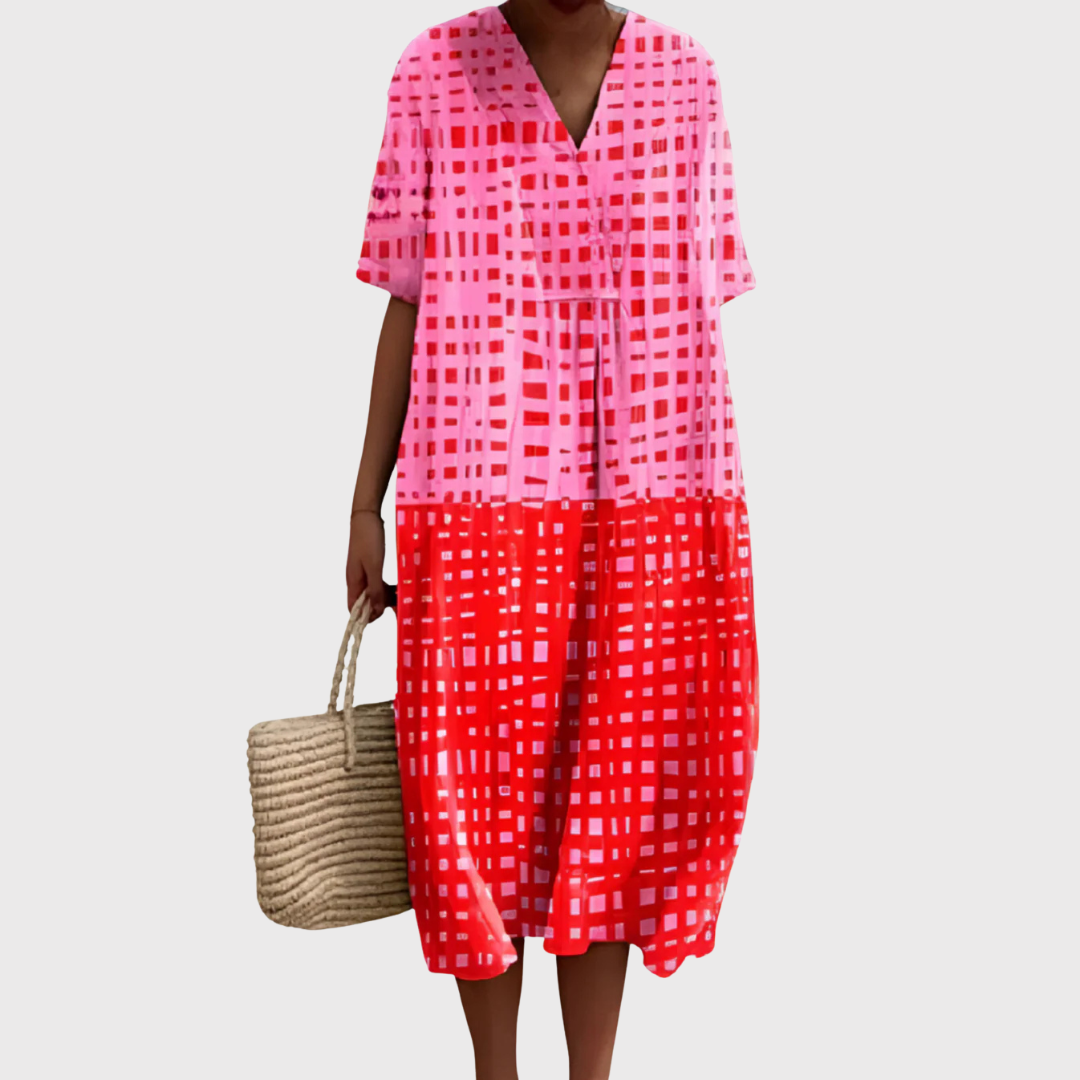 Tilly | Vestido Midi Bicolor con Estampado de Cuadrícula
