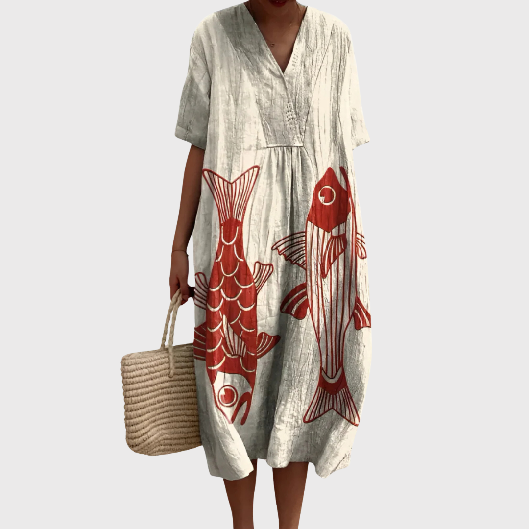 Tessa | Vestido Midi Relajado con Estampado de Koi