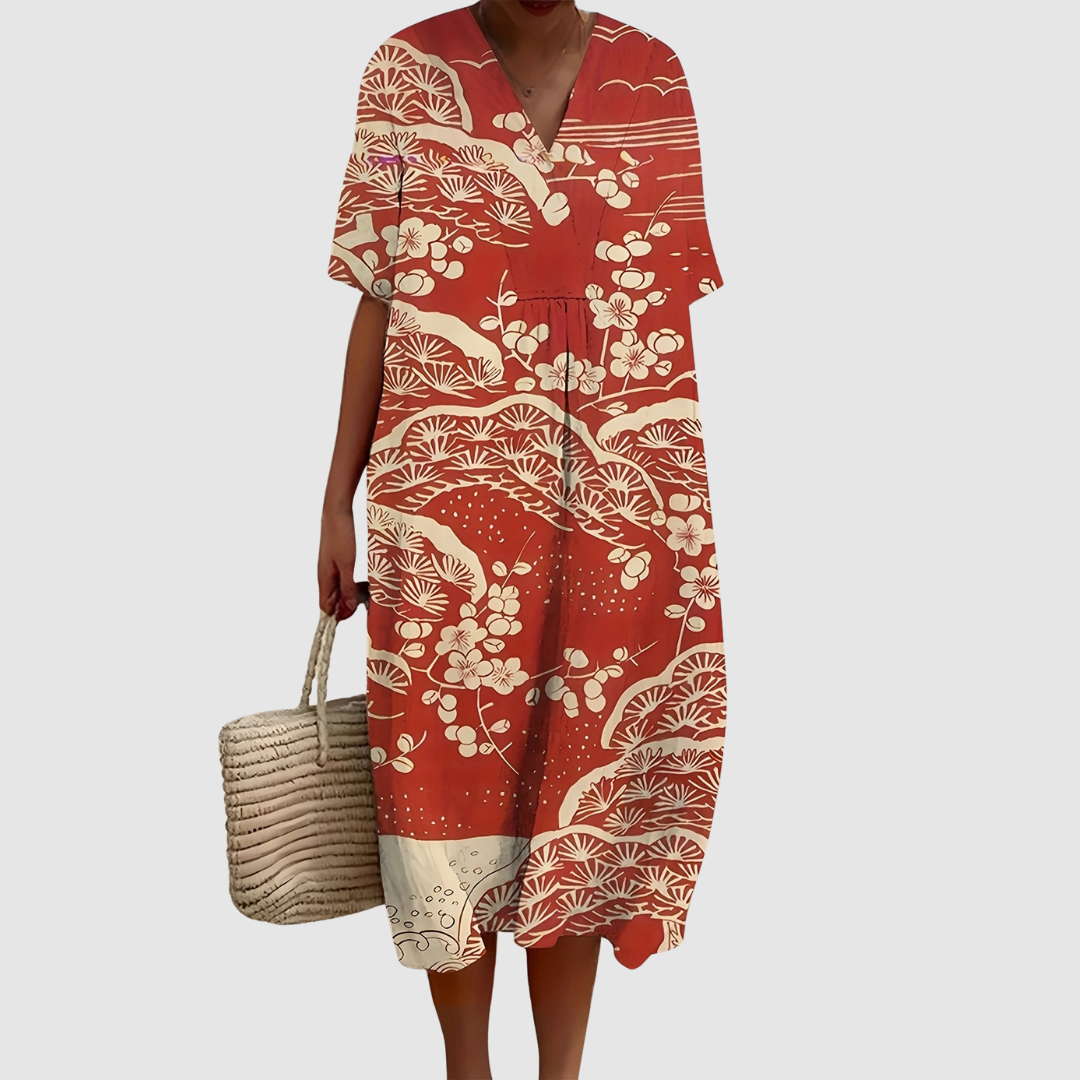 Naomi | Vestido Midi con Estampado de Flor de Terracota