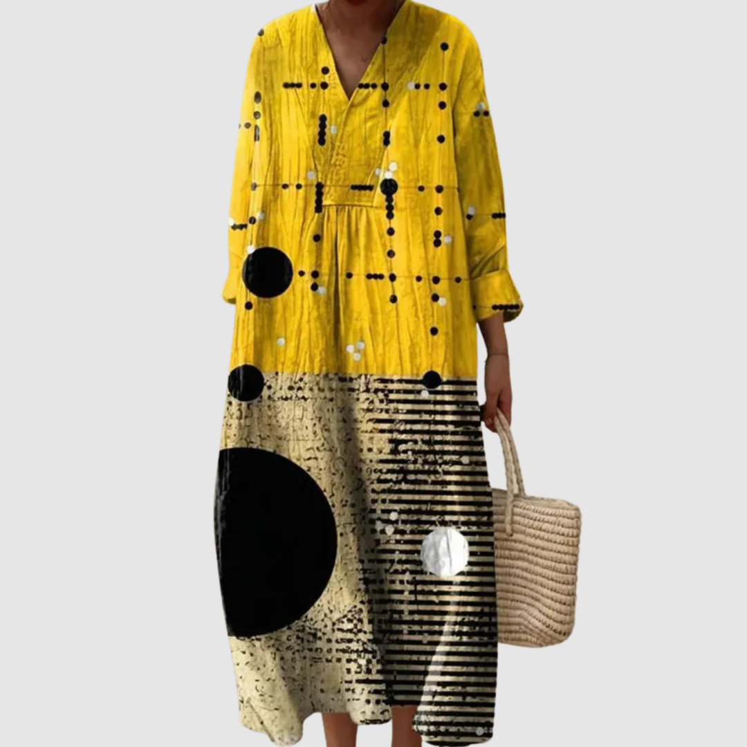 Evangeline | Vestido Midi de Manga Larga con Puntos y Líneas Moderno